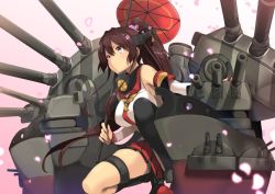 Rule 34 | 10s, 1girl, bare shoulders, breasts, brown eyes, brown hair, cannon, cherry blossoms, detached sleeves, flower, gintarou (kurousagi108), hair flower, hair ornament, headgear, kantai collection, large breasts, long hair, mecha musume, miniskirt, oil-paper umbrella, on one knee, petals, ponytail, single thighhigh, skirt, solo, thigh strap, thighhighs, turret, umbrella, very long hair, yamato (kancolle)