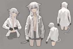 Rule 34 | 1girl, animal ears, black gloves, cat ears, cat girl, cat tail, closed mouth, collared shirt, commentary, expressionless, gloves, grey background, grey shorts, highres, long hair, long sleeves, looking at viewer, multiple views, no bra, notched ear, open clothes, open shirt, original, purple eyes, shirt, shorts, simple background, tail, white hair, zumochi