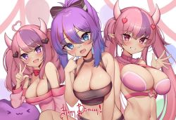 Rule 34 | 3girls, ahoge, bandaid, bandaid on face, bandaid on nose, blue eyes, blush, bow, breasts, cleavage, commentary, commission, crop top, detached sleeves, english commentary, fang, hair ornament, halterneck, happy birthday, heart, heart ahoge, heart hair, heart hair ornament, highres, indie virtual youtuber, ironmouse, kaptivate, large breasts, long hair, melody (projektmelody), midriff, multicolored hair, multiple girls, navel, open mouth, pink eyes, pink sweater, purple hair, red bow, red hair, second-party source, skin fang, smile, streaked hair, sweater, twintails, upper body, v, virtual youtuber, vshojo