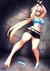 Rule 34 | 1girl, armpits, arms up, bandeau, bare legs, bare shoulders, barefoot, bdsm, belt, belt buckle, black skirt, blonde hair, blue eyes, blue footwear, blue shirt, blush, bondage, bound, breasts, buckle, captured, chain, choker, clenched teeth, crescentia fortuna, cuffs, deathblight, earrings, eyeshadow, feet, female focus, fingernails, groin, handcuffs, high heels, jewelry, key, large breasts, lips, lipstick, long fingernails, long hair, makeup, midriff, miniskirt, nail polish, navel, one eye closed, pink lips, pink nails, ponytail, reaching, restrained, shirt, shoes, unworn shoes, single shoe, skirt, solo, standing, strapless, teeth, toes, tube top, verdani (deathblight), wall