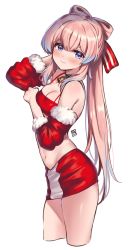 Rule 34 | 1girl, bare shoulders, bell, blue hair, blush, breasts, choker, christmas, cleavage, crop top, cropped legs, from side, fur trim, genshin impact, hair ribbon, half-closed eyes, highres, jingle bell, long hair, looking at viewer, midriff, multicolored hair, navel, off shoulder, piano-alice, ponytail, red skirt, ribbon, sangonomiya kokomi, santa costume, simple background, skirt, thighs, two-tone hair, white background