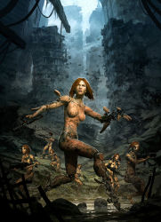 Rule 34 | 6+girls, aiming, android, arm cannon, assault rifle, breasts, city, clone, clone world, dirty, dual wielding, female focus, gun, gynoid, holding, joints, marek okon, medium breasts, multiple girls, no nipples, nude, official art, realistic, red hair, rifle, robot joints, ruins, shotgun, submachine gun, wading, weapon