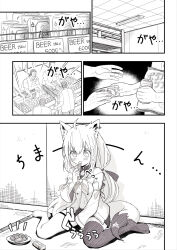 Rule 34 | 1girl, 4boys, ahoge, animal ear fluff, animal ears, bag of chips, barefoot, beer can, blush, braid, brat (brabrabrat00), can, comic, commentary request, detached sleeves, drink can, ear piercing, eating, food, fox ears, fox girl, fox tail, greyscale, hair between eyes, hand up, highres, holding, holding can, holding food, hololive, indoors, kaiji, long hair, long sleeves, money, monochrome, multiple boys, navel, no shoes, on floor, piercing, shirakami fubuki, shirakami fubuki (1st costume), short shorts, shorts, single thighhigh, sitting, tail, tears, thighhighs, translation request, very long hair, virtual youtuber, wariza
