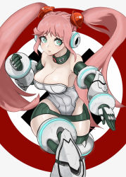 Rule 34 | alternate costume, aqua eyes, armored boots, armored legwear, beads, boots, bracer, breasts, choker, cleavage, cyborg, detached sleeves, ear protection, fighting stance, gauntlets, hair beads, hair ornament, highres, hoin-neet, large breasts, leotard, long hair, long sleeves, metal slug, metal slug attack, no bodysuit, nova (metal slug), pink hair, rebellion army flag, scratches, solo, thighhighs, twintails, wide hips