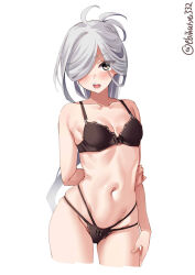 Rule 34 | 1girl, ahoge, asashimo (kancolle), black bra, black panties, bra, breasts, commentary request, cowboy shot, ebifurya, grey hair, hair over one eye, highres, kantai collection, long hair, looking at viewer, navel, open mouth, panties, ponytail, ribbon bra, sharp teeth, small breasts, stomach, teeth, twitter username, underwear, white background, yellow eyes