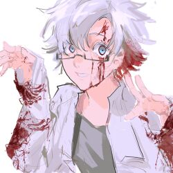 Rule 34 | 1boy, blood, blood in hair, blood on clothes, blood on face, blue eyes, chinese commentary, colored eyelashes, commentary request, green shirt, hands up, highres, kanou aogu, lab coat, long sleeves, male focus, saibou shinkyoku, shirt, short hair, simple background, sketch, smile, solo, white background, white hair, xiaoduoduoyishan