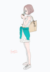 Rule 34 | 1girl, absurdres, bad id, bad pixiv id, bag, clothes around waist, cup, dress, drinking straw, fashion, highres, miri nanase, original, profile, shoes, short hair, simple background, sneakers, solo, sweater, sweater around waist