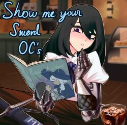 Rule 34 | 1girl, black hair, blue coat, blue headwear, blurry, blurry background, blush, book, bow, bowtie, brown hair, cafe, centurii-chan (artist), coat, drink, elbow on table, english text, food, gauntlets, hair between eyes, highres, holding, holding book, ice, ice cube, interior, long hair, monitor, original, purple bow, purple bowtie, purple eyes, rapier, sheath, sheathed, shirt, sword, table, weapon, white headwear, white shirt