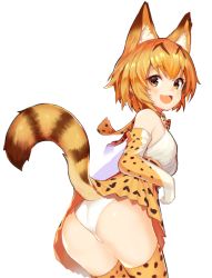Rule 34 | 10s, 1girl, animal ears, ass, blush, bow, bowtie, brown eyes, brown hair, commentary request, cowboy shot, elbow gloves, fang, from behind, gloves, high-waist skirt, kemono friends, leaning forward, looking at viewer, looking back, open mouth, panties, serval (kemono friends), serval print, serval tail, shirt, short hair, simple background, skirt, sleeveless, sleeveless shirt, solo, striped tail, tail, thighhighs, tokiwa online, underwear, white background, white panties
