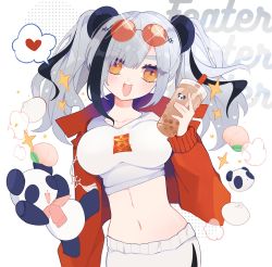 Rule 34 | 1girl, :d, animal ears, arknights, baozi, black hair, blush, breasts, bubble tea, character name, collarbone, cowboy shot, cup, disposable cup, drinking straw, feater (arknights), feater (gourmet) (arknights), food, grey hair, heart, highres, holding, holding cup, jacket, large breasts, long hair, midriff, multicolored hair, navel, official alternate costume, open clothes, open jacket, open mouth, orange eyes, panda, panda ears, pants, qmo (cloud 2fuwa), red jacket, red shirt, shirt, smile, solo, speech bubble, spoken heart, streaked hair, teeth, thick eyebrows, twintails, upper teeth only, white pants