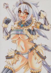 Rule 34 | 1girl, armor, bandeau, breasts, capcom, cleavage, clenched hands, gauntlets, headband, horns, kirin (armor), monster hunter (series), navel, open mouth, over shoulder, panties, red eyes, revealing clothes, short hair, simple background, single horn, sword, underwear, weapon, weapon over shoulder, white background, white hair, yutakasan-love