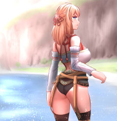 Rule 34 | 1girl, absurdres, artist request, ass, bare shoulders, blonde hair, blue eyes, blurry, blurry background, blush, breasts, cliff, elbow gloves, fiora (xenoblade), gloves, grass, highres, large breasts, looking at viewer, looking back, medium hair, mercury xeno, nintendo, panties, pantyhose, solo, standing, sunlight, underwear, water, xenoblade chronicles (series), xenoblade chronicles 1
