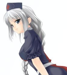 Rule 34 | 1girl, ass, blue eyes, braid, breasts, dutch angle, female focus, hat, highres, lips, long hair, looking at viewer, looking back, nurse, nurse cap, parted bangs, rokuwata tomoe, sash, silver hair, simple background, skirt, skirt set, smile, solo, standing, touhou, very long hair, white background, yagokoro eirin