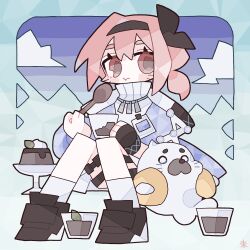 Rule 34 | 0 0, 1girl, :t, absurdres, arknights, black bow, black footwear, blue jacket, blue sky, blush stickers, border, bow, cloud, cup, eating, food, full body, hair bow, high collar, highres, holding, holding cup, holding spoon, id card, infection monitor (arknights), inset border, jacket, kdmr0402, knees up, looking at viewer, pink eyes, pink hair, plate, pudding, pudding (arknights), seal (animal), short hair, sky, socks, solo focus, spoon, thigh strap, water wings, white socks