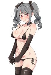 Rule 34 | 1girl, absurdres, bare shoulders, bikini, black bikini, black bow, black choker, black gloves, blush, body blush, bow, breasts, choker, cleavage, collarbone, drill hair, elbow gloves, gloves, grey hair, hair bow, highres, idolmaster, idolmaster cinderella girls, kanzaki ranko, large breasts, looking at viewer, micro bikini, parted lips, red eyes, seihekiog, side-tie bikini bottom, sideboob, simple background, solo, swimsuit, thighhighs, thighs, twintails, underboob, white background