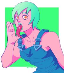 Rule 34 | 1girl, artist name, border, foo fighters (jojo), green background, green hair, hand up, herzspalter, highres, jojo no kimyou na bouken, long tongue, looking at viewer, orange eyes, shadow, short hair, simple background, solo, stone ocean, tongue, tongue out, upper body, white border