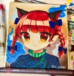 Rule 34 | 1girl, :3, animal ears, artist name, blunt bangs, bow, braid, cat ears, dress, extra ears, green dress, hair bow, highres, kaenbyou rin, light smile, looking at viewer, photo (medium), pointy ears, red eyes, red hair, shikishi, skull, solo, touhou, traditional media, twin braids, upper body, yadoyuki