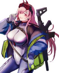 Rule 34 | 1girl, 3 small spiders, absurdres, arm up, assault rifle, blue jacket, blush, bodysuit, breasts, clothes pull, collarbone, commentary, earrings, feet out of frame, girls&#039; frontline, gloves, gun, hair ornament, hairclip, heart, heart earrings, highres, jacket, jacket pull, jewelry, large breasts, long hair, looking at viewer, mole, mole under eye, night-vision device, official alternate costume, open clothes, open jacket, open mouth, pink eyes, pink hair, rifle, sig mcx, sig mcx (crimson meteor) (girls&#039; frontline), sig mcx (girls&#039; frontline), simple background, smile, solo, standing, suppressor, weapon, weapon on back, white gloves