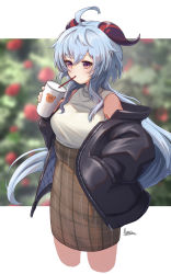 Rule 34 | ahoge, alpaca (alpaca00011), alternate costume, artist name, bare shoulders, blue hair, cup, curled horns, drink, drinking, drinking glass, drinking straw, ganyu (genshin impact), genshin impact, hand in pocket, highres, holding, holding drink, horns, jacket, long hair, looking to the side, purple eyes, sidelocks, signature, skirt, solo, very long hair