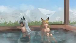 Rule 34 | 10s, 2girls, animal ears, blonde hair, blue sky, breasts, breasts apart, closed eyes, closed mouth, cloud, crossed arms, day, ezo red fox (kemono friends), fang, floating hair, fox ears, fox tail, grass, grey hair, highres, kemono friends, leaning back, looking at viewer, looking to the side, medium breasts, mountain, multicolored hair, multiple girls, nude, onsen, open mouth, paintrfiend, plant, silver fox (kemono friends), sitting, sky, tail, wet