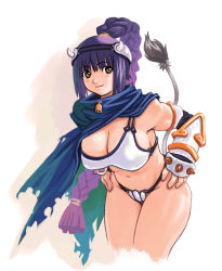 Rule 34 | 1girl, bell, braid, breasts, cropped legs, curvy, gauntlets, high ponytail, highres, large breasts, leaning forward, mole, mole under mouth, mugen no fantasia, ryoji (nomura ryouji), smile, solo, tail