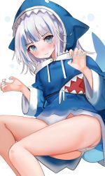 Rule 34 | 1girl, animal hood, blue eyes, blue hair, blue hoodie, blue nails, blush, closed mouth, commentary request, drawstring, feet out of frame, fins, fish tail, gawr gura, gawr gura (1st costume), hands up, highres, hololive, hololive english, hood, hood up, hoodie, long sleeves, looking at viewer, marisayaka, multicolored hair, nail polish, panties, shark hood, shark tail, silver hair, simple background, solo, streaked hair, sweat, tail, underwear, virtual youtuber, white background, white panties, wide sleeves