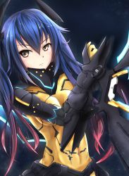 1girl blue_hair bodysuit female_focus gradient_hair hair_ornament highres long_hair multicolored_hair phantasy_star phantasy_star_online_2 pink_hair quna_(pso2) racket_ti1 solo twintails yellow_eyes zelsius