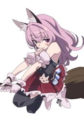 Rule 34 | 1girl, :3, animal ears, armband, bare shoulders, black thighhighs, closed mouth, gloves, hibimegane, highres, looking at viewer, pink hair, purple eyes, solo, thighhighs, white background, white gloves