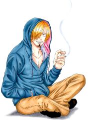 Rule 34 | 1boy, alternate costume, blonde hair, cigarette, hair over one eye, hood, hoodie, indian style, male focus, one piece, rascal (fc3srx-75480), sanji (one piece), simple background, sitting, smile, smoking, solo