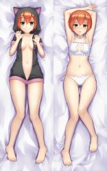Rule 34 | 1girl, :d, animal hood, armpits, arms up, bare arms, bare legs, bare shoulders, barefoot, bed sheet, bell, blush, bra, breasts, breasts apart, cat cutout, cat ear panties, cat hood, cat lingerie, choker, claw pose, cleavage cutout, clothing cutout, collarbone, dakimakura (medium), frilled bra, frills, from above, full body, gluteal fold, green eyes, grin, hair ornament, hairclip, highres, hood, hood up, hoodie, hoshizora rin, jingle bell, knees together feet apart, love live!, love live! school idol project, lying, meme attire, multiple views, naked hoodie, navel, neck bell, no bra, nose blush, on back, open clothes, open hoodie, open mouth, orange hair, panties, ribbon, seirei911, shiny skin, short hair, short sleeves, side-tie panties, small breasts, smile, stomach, tareme, teeth, thigh gap, underwear, underwear only, v-shaped eyebrows, white bra, white choker, white panties, white ribbon