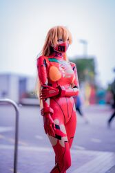 Rule 34 | 1girl, absurdres, asian, blue eyes, bodysuit, breasts, brown hair, cosplay, evangelion: 3.0+1.0 thrice upon a time, hair down, highres, japanese (nationality), long hair, long sleeves, looking to the side, mask, medium breasts, mouth mask, multicolored bodysuit, multicolored clothes, neo.omochi, neon genesis evangelion, photo (medium), pilot suit, plugsuit, rebuild of evangelion, red bodysuit, shiny clothes, sky, smile, souryuu asuka langley, souryuu asuka langley (cosplay), standing, torn bodysuit, torn clothes, very long hair