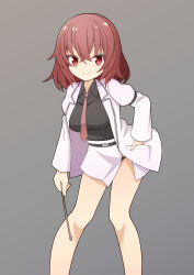 Rule 34 | 1girl, black shirt, closed mouth, collared shirt, commentary request, drumsticks, feet out of frame, grey background, hand in pocket, hekkmushi, highres, holding, holding drumsticks, horikawa raiko, jacket, leaning forward, long sleeves, looking at viewer, necktie, red eyes, red hair, red necktie, shirt, short hair, simple background, skirt, smile, solo, touhou, white jacket, white skirt