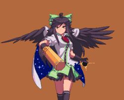 Rule 34 | 1girl, ahoge, arm cannon, bird wings, black gloves, black hair, black sun, black thighhighs, black wings, bow, breasts, brown background, brown eyes, buttons, cape, closed mouth, collared shirt, commentary request, control rod, elbow gloves, feet out of frame, frilled skirt, frills, gloves, green bow, green skirt, hair bow, long hair, looking at viewer, medium breasts, miniskirt, pixel art, potemki11, reiuji utsuho, shirt, short sleeves, simple background, skirt, smile, solo, split mouth, starry sky print, sun, swept bangs, thighhighs, third eye, touhou, weapon, white cape, white shirt, wings