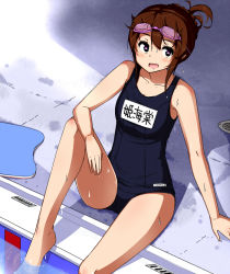 Rule 34 | 1girl, arm rest, arm support, brown hair, goggles, goggles on head, himekaidou hatate, himeshita johnny mafuyu, kickboard, knee up, mid win h, one-piece swimsuit, open mouth, pool, poolside, purple eyes, school swimsuit, short hair, sitting, smile, solo, swimsuit, touhou, wet