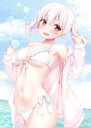 Rule 34 | 1girl, armpits, bare shoulders, bikini, blue sky, breasts, cleavage, cloud, collarbone, cowboy shot, day, drawstring, frilled bikini, frills, front-tie bikini top, front-tie top, halterneck, halterneck, hands up, horizon, jacket, karutamo, large breasts, lens flare, long hair, long sleeves, looking at viewer, navel, ocean, off shoulder, open clothes, open jacket, open mouth, original, outdoors, pink jacket, red eyes, side-tie bikini bottom, sky, smile, solo, sparkle, stomach, string bikini, swimsuit, tisshu (karutamo), twintails, water, wet, white bikini, white hair