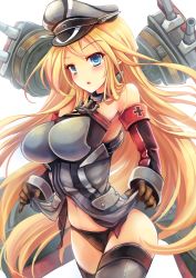 Rule 34 | 10s, 1girl, anchor hair ornament, armor, bad id, bad pixiv id, bare shoulders, bismarck (kancolle), black panties, blonde hair, blue eyes, breastplate, breasts, brown gloves, cannon, clothes lift, cross, detached sleeves, gloves, goushou, grey thighhighs, hair ornament, hat, iron cross, jacket, jacket lift, kantai collection, large breasts, long hair, machinery, military, military hat, military uniform, open mouth, panties, peaked cap, solo, thighhighs, turret, underwear, uniform
