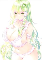 Rule 34 | 1girl, bra, breasts, cleavage, closed mouth, commentary, cowboy shot, detached collar, frog hair ornament, green eyes, green hair, hair ornament, hand on own chest, highres, huge breasts, kochiya sanae, long hair, looking at viewer, panties, sample watermark, simple background, snake hair ornament, solo, standing, touhou, underwear, watermark, white background, white bra, white panties, y na1211