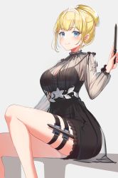 Rule 34 | 1girl, absurdres, bare legs, black dress, blue eyes, blush, breasts, cleavage, closed mouth, collarbone, dress, feet out of frame, floral print, hair bun, highres, holding, holding knife, hololive, hololive english, holster, knife, large breasts, looking at viewer, mole, mole on breast, official alternate costume, reulem, see-through, short dress, single hair bun, sitting, skindentation, smile, solo, thigh holster, thigh strap, virtual youtuber, watson amelia, watson amelia (party dress)