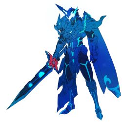Rule 34 | 1boy, absurdres, alternate costume, alternate form, armor, asymmetrical armor, blue cape, blue scarf, blue theme, cape, capelet, catball1994, commentary request, dragon, full body, highres, holding, holding sword, holding weapon, kamen rider, kamen rider saber, kamen rider saber (series), kamen rider xross saber, lamp, lion, male focus, mask, official alternate costume, rider belt, scarf, simple background, sparkle, sword, weapon, white background, white eyes