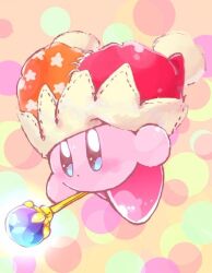 Rule 34 | :o, artist request, beam kirby, blue eyes, blush stickers, colored skin, hat, holding, holding wand, jester cap, kirby, kirby (series), looking at viewer, nintendo, no humans, orange background, orange hat, parted lips, pink skin, polka dot, polka dot background, pom pom (clothes), red footwear, red hat, ribbon-trimmed headwear, ribbon trim, shoes, solo, source request, star (symbol), star print, stitches, third-party source, two-tone headwear, wand