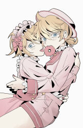 Rule 34 | 1boy, 1girl, arm around shoulder, arm around waist, blonde hair, blue eyes, bow, commentary, doughnut, dress, earrings, food, food in mouth, formal, hair between eyes, hairband, hat, heart, heart earrings, highres, hug, jewelry, kagamine len, kagamine rin, lolita hairband, looking at viewer, mangomelange, messy hair, pink bow, pink dress, pink hairband, pink headwear, pink nails, pink shorts, pink suit, short hair, short ponytail, shorts, siblings, simple background, suit, symbol-only commentary, tongue, tongue out, twins, vocaloid, white background