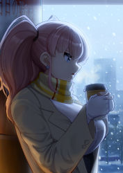Rule 34 | 1girl, atlanta (kancolle), blue eyes, breasts, brown hair, coat, coffee cup, cup, disposable cup, earrings, from side, gloves, hair between eyes, holding, holding cup, jewelry, kantai collection, large breasts, long hair, long sleeves, maku ro, open mouth, partially fingerless gloves, scarf, snowing, solo, star (symbol), star earrings, translation request, two side up, upper body, white gloves