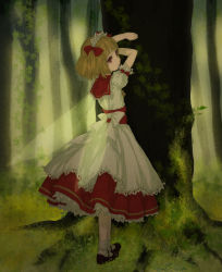 Rule 34 | 1girl, against tree, arms up, blonde hair, bobby socks, bow, dress, egawa satsuki, fairy wings, female focus, forest, frills, from behind, hair bow, highres, ivy, looking back, mary janes, nature, outdoors, red eyes, shoes, short hair, short twintails, socks, solo, sunny milk, touhou, tree, twintails, under tree, white socks, wings