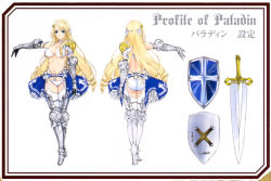 Rule 34 | 10s, 1girl, arm guards, armor, armored boots, artist name, ass, bikini armor, bikini warriors, blonde hair, blue eyes, boots, breasts, character name, cleavage, detached sleeves, female focus, full body, garter straps, large breasts, long hair, official art, onigirikun, paladin, paladin (bikini warriors), shield, skirt, solo, sword, thighhighs, weapon, white background