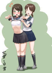 Rule 34 | 2girls, anchor symbol, assisted exposure, black eyes, black hair, black sailor collar, black skirt, blue neckwear, blue sailor collar, blue skirt, bra, brown hair, clothes lift, commentary request, fubuki (kancolle), green eyes, highres, kantai collection, kneehighs, long hair, low ponytail, low twintails, multiple girls, parted bangs, pleated skirt, ponytail, remodel (kantai collection), sailor collar, school uniform, serafuku, shirayuki (kancolle), shirt lift, short hair, short ponytail, short twintails, sidelocks, skirt, smile, socks, sports bra, t2r, training bra, twintails, underwear, undressing