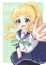 Rule 34 | 1girl, 2022, birthday, black pantyhose, blonde hair, blue sailor collar, blush, collarbone, dated, dot nose, english text, female focus, gosenzoo, green eyes, happy birthday, inose mai, koisuru asteroid, long hair, looking at viewer, open mouth, pantyhose, ponytail, sailor collar, short sleeves, solo