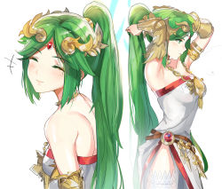 Rule 34 | 1girl, adjusting hair, alternate hairstyle, ancient greek clothes, arm at side, armlet, armpits, arms up, back, bare back, bare shoulders, blush, bracer, breasts, chiton, circlet, closed eyes, closed mouth, dress, female focus, from side, green eyes, green hair, hair ornament, headpiece, high ponytail, highres, jewelry, kid icarus, kid icarus uprising, lips, long hair, looking down, medium breasts, multiple views, neck, neck ring, necklace, nintendo, ormille, palutena, parted bangs, ponytail, serious, side slit, simple background, smile, standing, strapless, strapless dress, thighhighs, upper body, very long hair, white background, white dress, white thighhighs