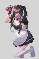 Rule 34 | 1girl, animal ears, animal hands, apron, black hair, blue eyes, blunt bangs, blush, breasts, cat ears, cleavage, dress, fake animal ears, gloves, grey background, half-closed eyes, highres, leg up, long hair, looking to the side, maid, maid apron, medium breasts, olys, original, paw gloves, paw pose, puffy short sleeves, puffy sleeves, short dress, short sleeves, sidelocks, simple background, slippers, solo, standing, standing on one leg, thighhighs, twintails, twitter username, white thighhighs