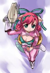 Rule 34 | 1girl, animal ears, barasoto momo, breasts, cave (developer), cleavage, gloves, green eyes, gun, hairband, hirosato, large breasts, looking at viewer, muchi muchi pork, pig ears, pig girl, pink hair, red hair, solo, weapon