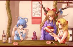 Rule 34 | 3girls, alcohol, alternate costume, ball and chain restraint, bare shoulders, beer, blonde hair, blue eyes, blue hair, bottle, breasts, brown hair, can, chopsticks, cleavage, cup, dress, drinking, closed eyes, female focus, glass, gourd, hair ornament, hanging scroll, highres, horns, hoshiguma yuugi, ibuki suika, japanese clothes, jewelry, kaku seiga, kimono, letterboxed, long hair, medium breasts, multiple girls, necklace, obi, one side up, pointy ears, ponytail, red eyes, rojiko, sake, sash, scroll, short hair, single horn, sitting, small breasts, smile, sweatdrop, tokkuri, touhou